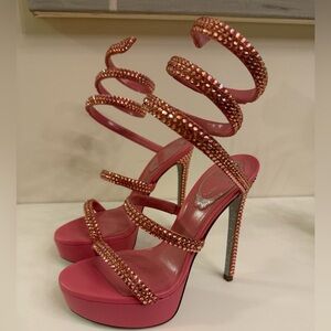 Rene Caovilla Pink Crystal Spiral-Strap High Heels NWT